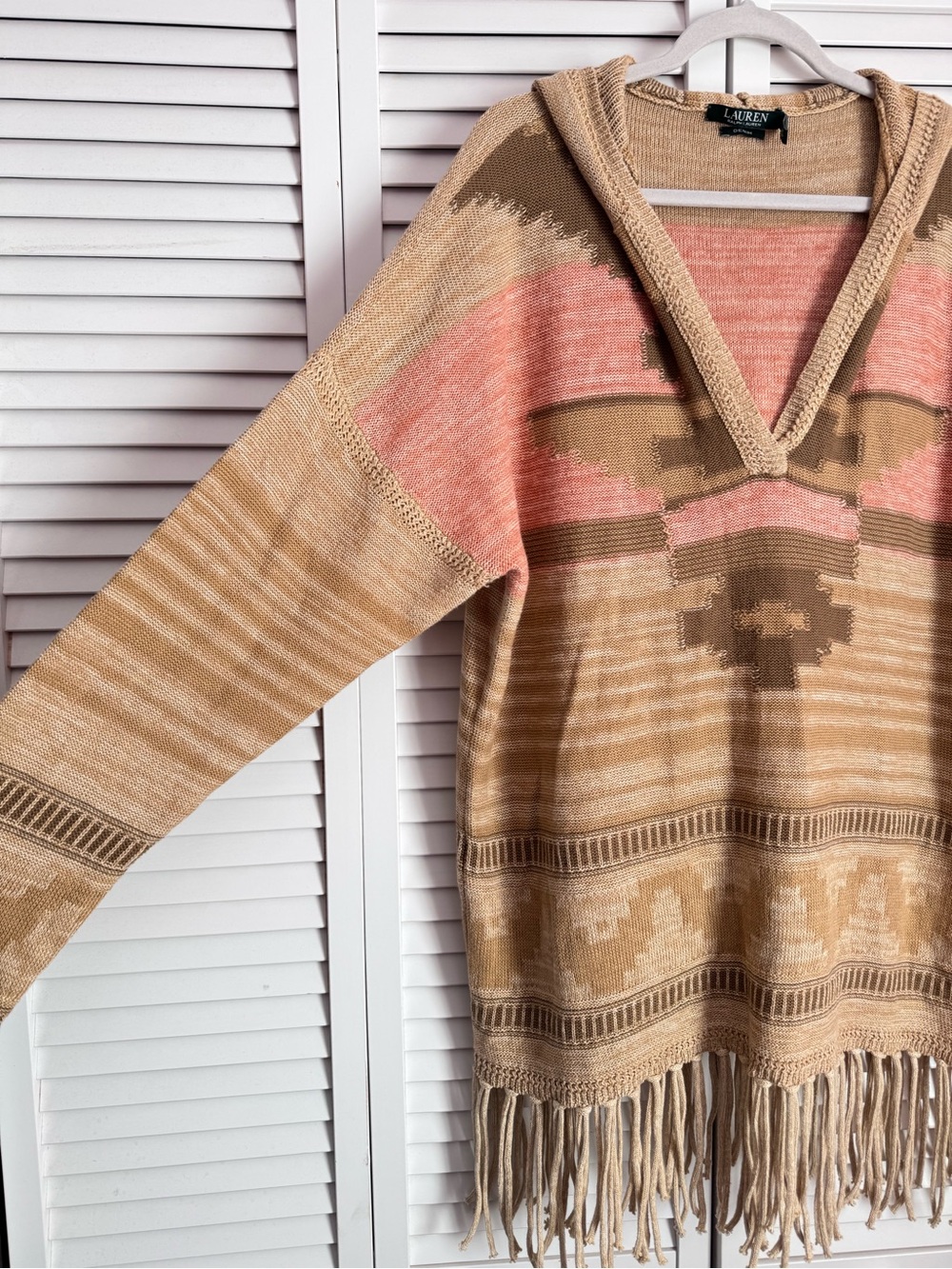 Lauren Ralph Lauren Linen Cotton Aztec Pullover Hoodie Sweater Fringe XL - Picture 5 of 8